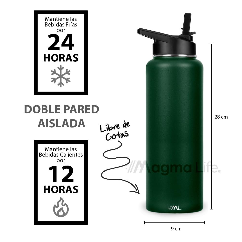 Magma Life Termo para Café y Agua de Acero Inoxidable 40 Oz (1200 ml): Contiene 3 Tapas para Diferentes tipos de Bebidas, Ideal para Mantener la Temperatura Deseada (Olive)