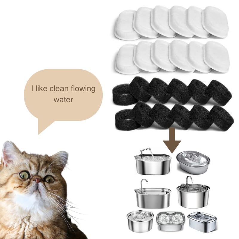 Filtros de fuente de agua para gatos, 12 filtros con 12 esponjas, filtros de repuesto para fuente de agua de acero inoxidable para gatos PLWF003 y PLWF006