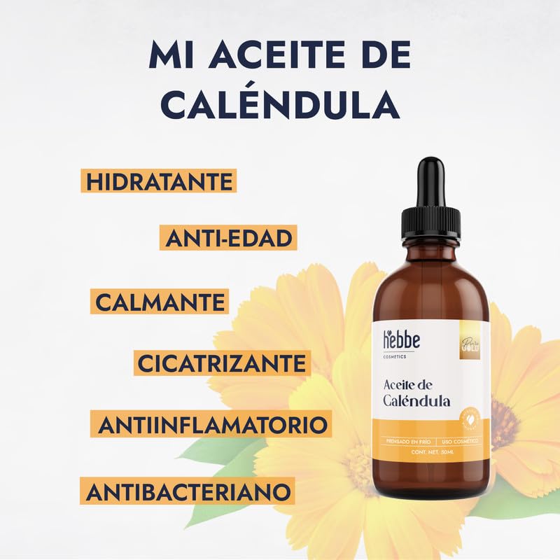 HEBBE Aceite de Caléndula 50 Ml | Hidratante y Calmante | Cicatrizante Antiinflamatorio | Piel Sensible