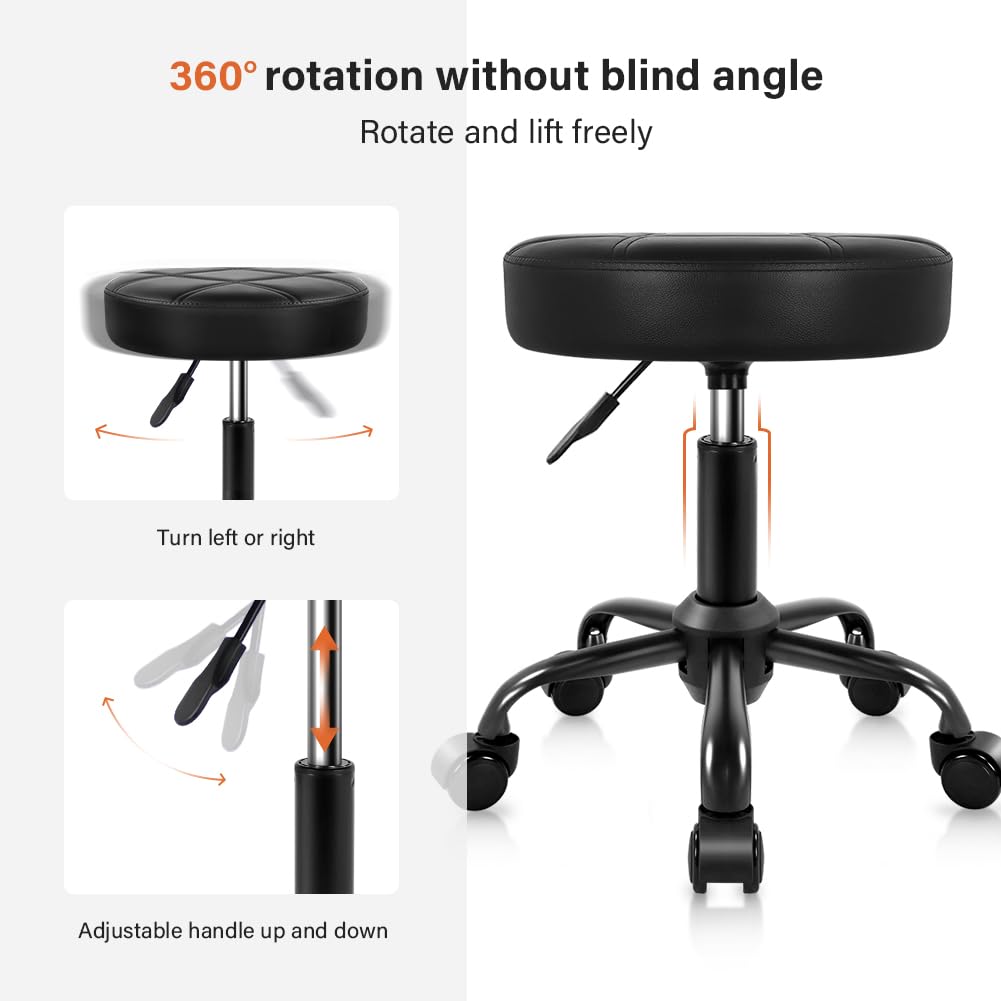 KKTONER - Taburete rodante de piel sintética con altura ajustable y silla de ruedas, para salón, spa, dibujo pequeño (negro)