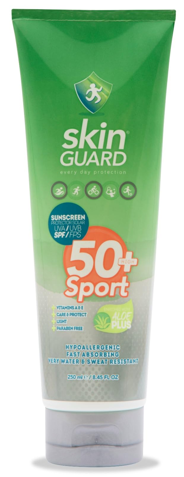 Protector Solar Corporal Fps 50+ Sport 250 ml con Aloe Vera Waterproof Sin Parabenos (Grande, 250 ml)