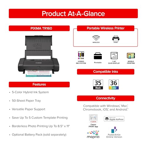 Canon PIXMA TR160 Impresora portátil inalámbrica, Bandeja de Papel de 50 Hojas y visualización de 1.44"
