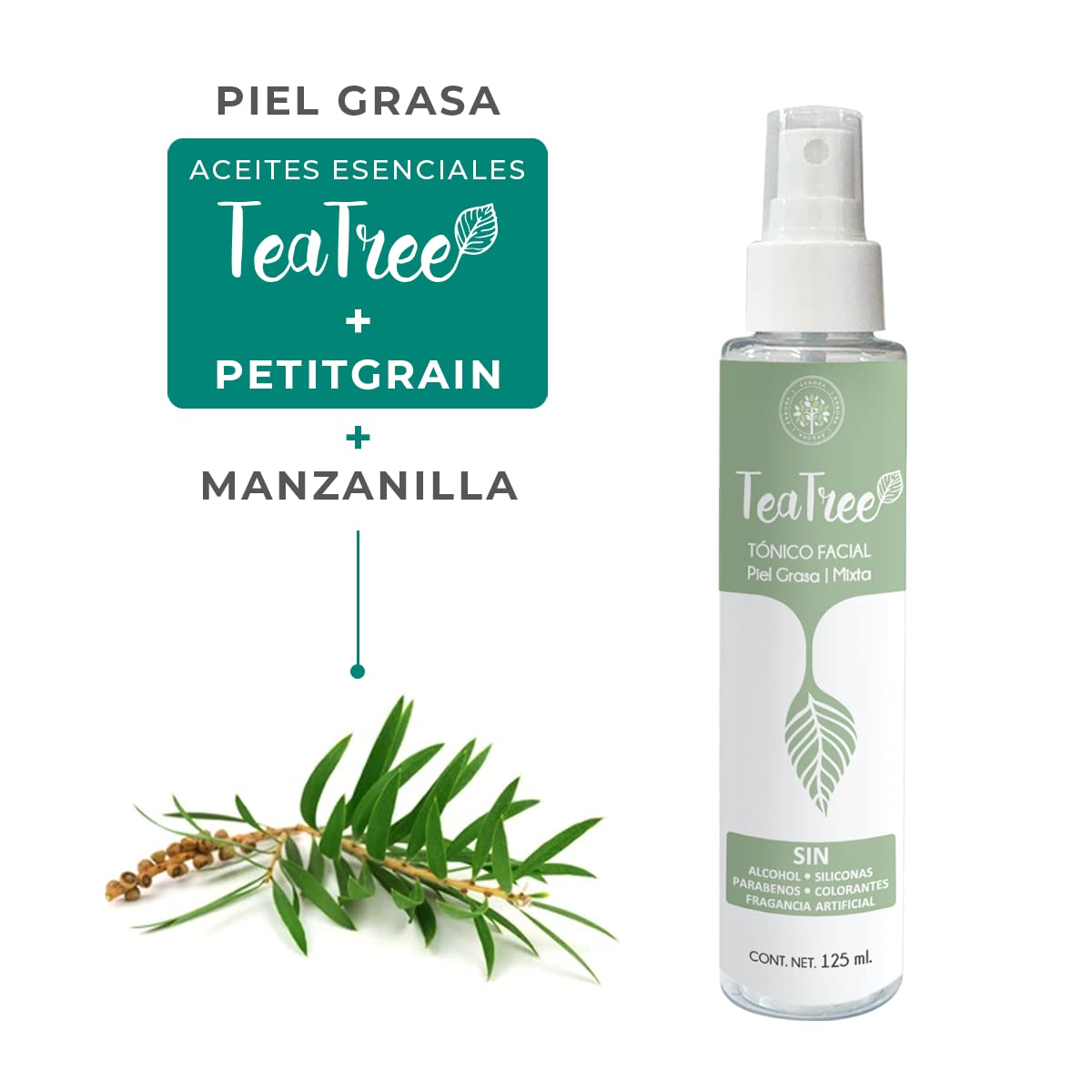 Kit Hidratación y Tonificación: Aceite de ALMENDRAS + Tónico Facial TEA TREE - Ideal para piel grasa. Refresca, calma e hidrata la piel. SIN Parabenos, Siliconas, Colorantes, Alcohol ni Fragancia Artificial. 90 ml. / 125 ml. Árbora