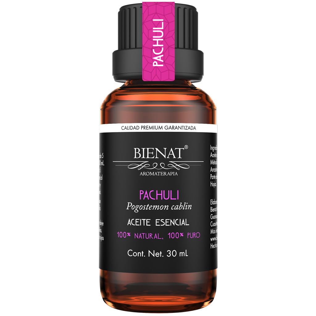 BIENAT AROMATERAPIA Aceite Esencial de Pachuli 30mL | 100% Puro y Concentrado | Ideal para Difusor de Aromas, Humidificador, Aromaterapia, Masajes, Meditación, Jabones y Velas | Esencia Natural en Gotas