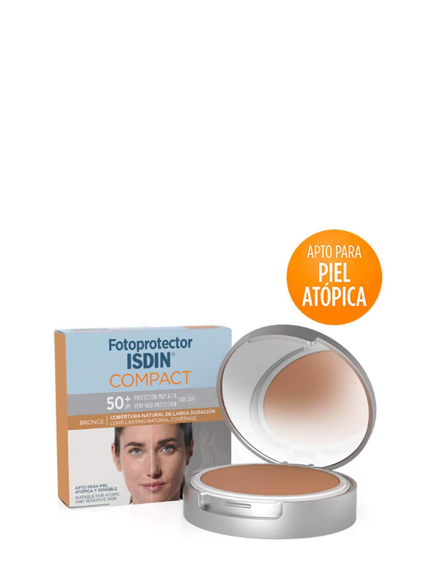 ISDIN Fotoprotector Compact SPF 50+ Bronce, Protector Solar Facial, Cobertura natural de larga duración, Apto para piel atópica y sensible, 10 g
