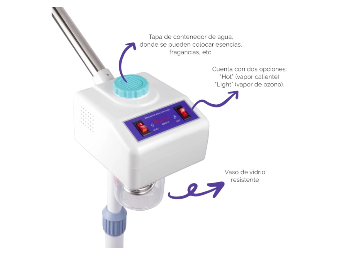 Vaporizador Generación de Ozono con Lupa y Luz Led Pedestal Facial Spa Salon de Belleza Barberia Vapor caliente abre los poros y suaviza la piel Letmex BM3058
