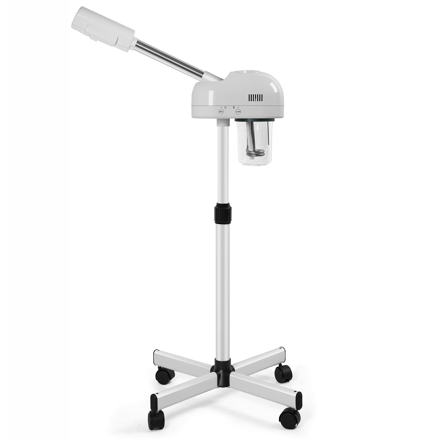 Vaporizador facial de ozono profesional con soporte, control táctil, altura ajustable y base rodante, boquilla giratoria de 360°, función de niebla caliente, uso para el hogar, salón de spa (blanco)