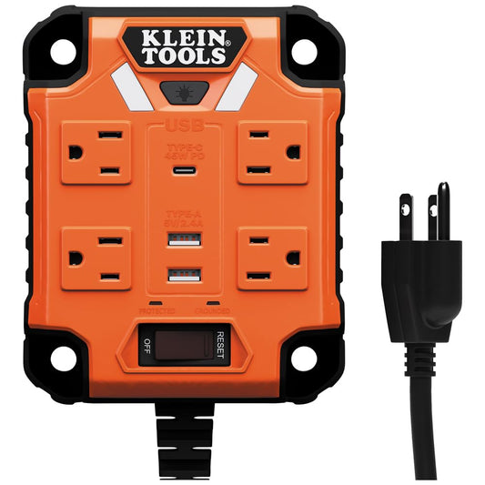 Klein Tools 29601 Multicontacto magnético con Protector de sobretensión, Cable de extensión, 4 Tomas, 3 Puertos USB, Cable de 1.5 Metros, con luz, PowerBox 1
