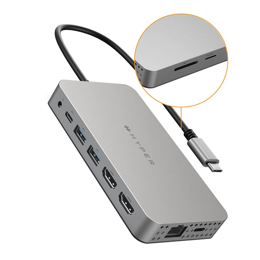 Hyper Drive Dual 4K HDMI 10 en 1 USB C Hub para MacBook, Windows Laptop, Chromebooks con puertos tipo C. Soporta 2 monitores extendidos en MacBooks M1 con HyperDisplay