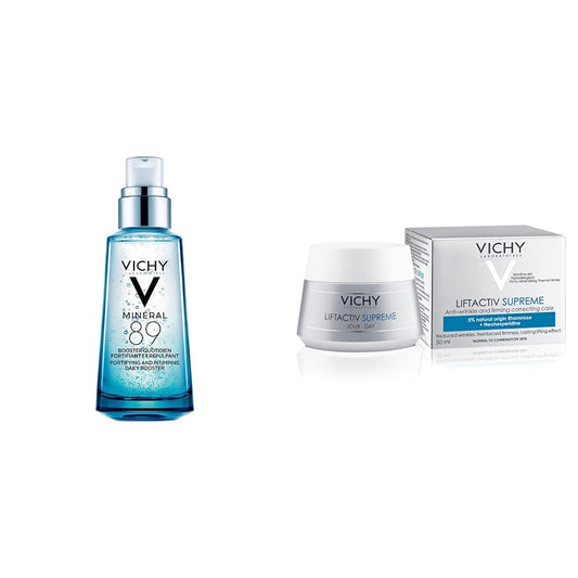 Vichy Minéral 89 - Ácido Hialurónico en suero diario para rostro que fortalece e hidrata la piel para una apariencia sana de la piel + Liftactiv Crema de día anti-edad efecto lifting 50ml