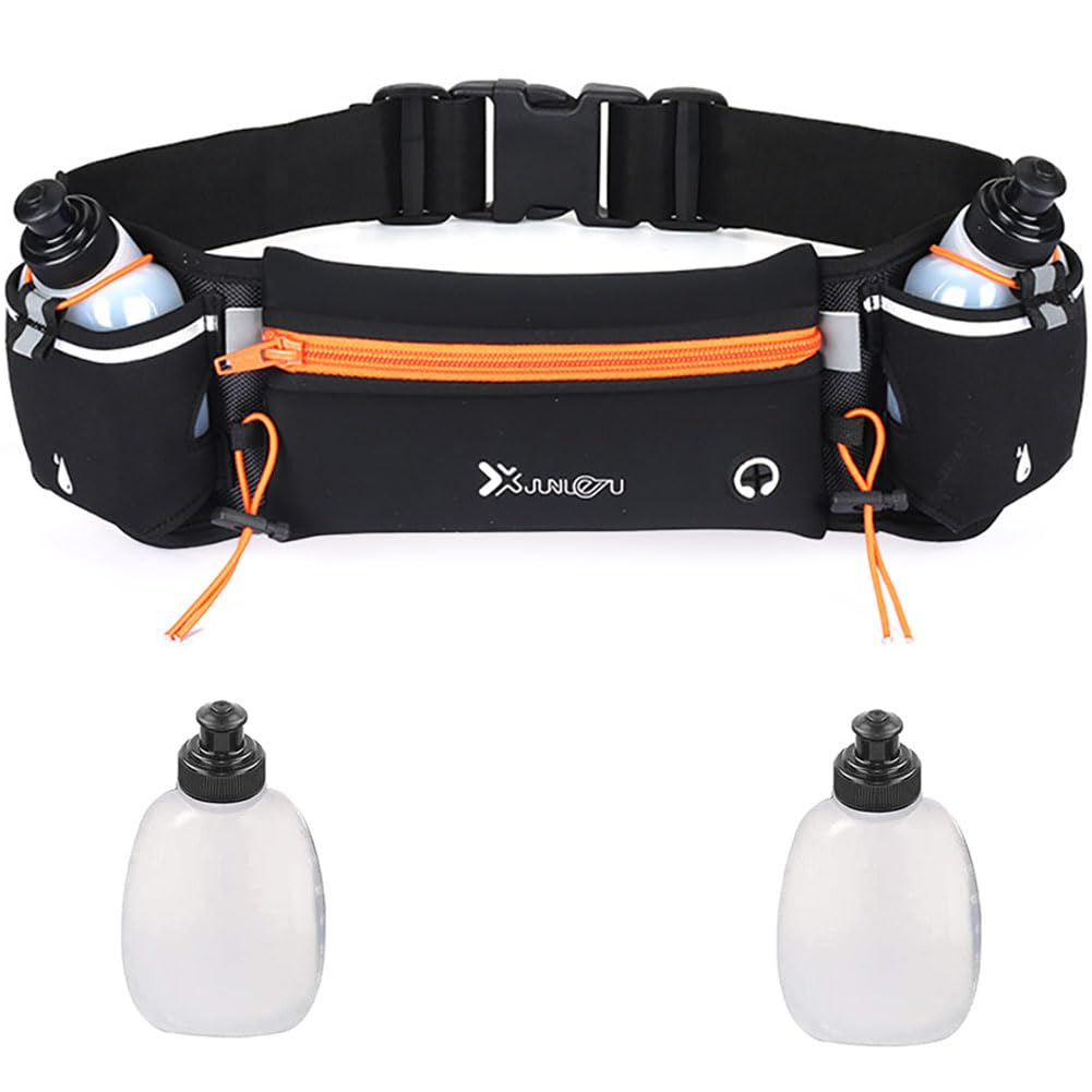 Cangurera Deportiva, Cinturón para Correr con Botella de Agua, Riñonera Deportiva con 2 Botellas de Agua, Bolsa Deportiva con Cinturón Regulable, Bolsillos de Auricular y Teléfono