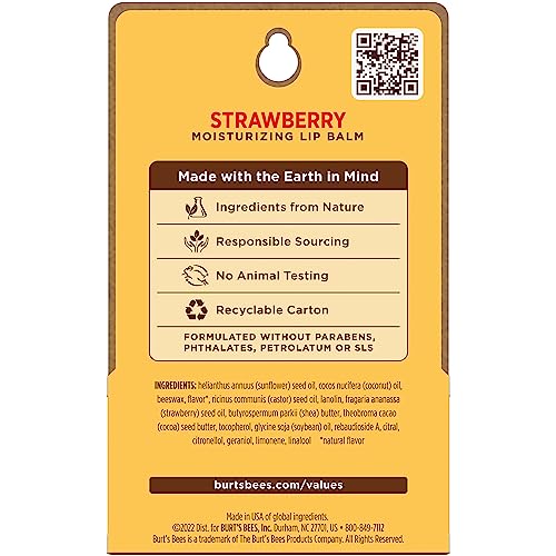 Burt's Bees 100% Natural Moisturizing Lip Balm, Strawberry with Beeswax & Fruit Extracts - 2 Tubes