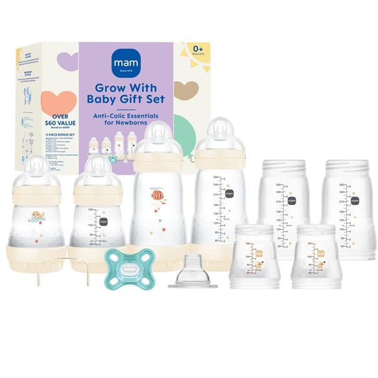 MAM "Grow with Baby" Set, Baby Gift Set (19-Piece), 5 oz and 9 oz Anti-Colic Baby Bottles, 0-4 Month Comfort Pacifier, Unisex, White