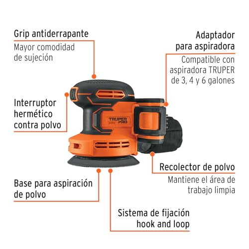 Lijadora Roto-Orbital Truper PRO LIRI-20A Inalámbrica 20 V con Batería y Cargador