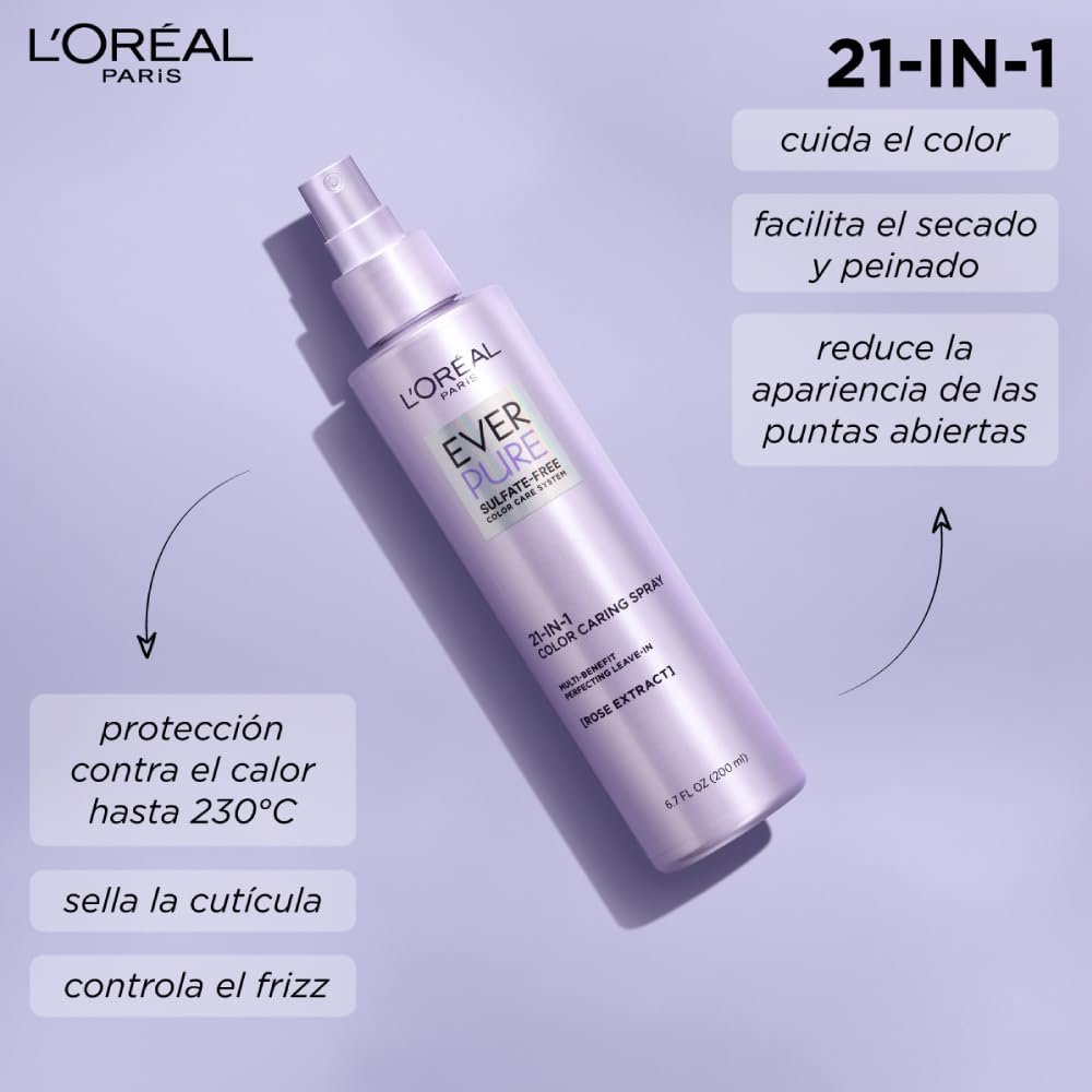 L’Oréal Paris Tratamiento con almendra y almizcle Ever Pure 21 in 1, tiene 21 beneficios en un producto, para todo tipo de pelo teñido, sin Sulfatos, 200ml