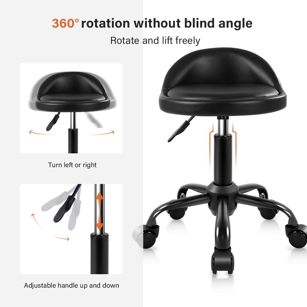KKTONER - Taburete rodante con respaldo ajustable en altura y silla redonda con ruedas giratorias, para trabajo de dibujo de piel sintética, pequeño (negro)