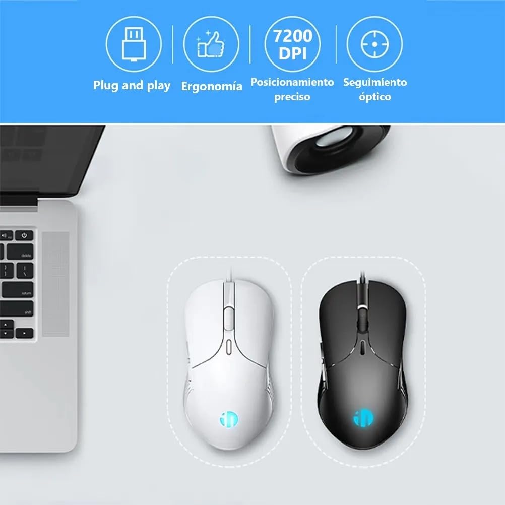 Mouse Gamer TECHWOLF Blanco USB RGB 4 Colores 6 Botones dpi Ajustable 7200 Clic Silencioso Diseño Ergonómico para Juegos y Oficina