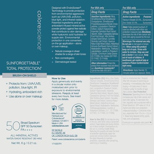 Colorescience. Sunforgettable Total Protection Brush-On Shield SPF 50, UVA /UVB, Protector solar mineral facial en polvo con color - Tono Medium, antioxidantes, traslucido, mate, 6gr.