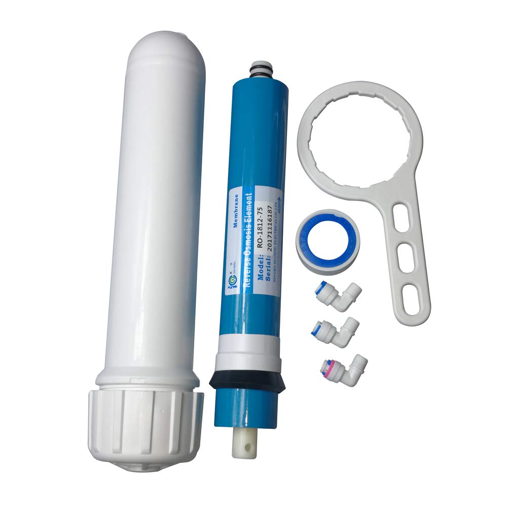 Huining Membrana de ósmosis inversa 50GPD 75GPD 100GPD-1812/2012 Kit de carcasa de membrana RO con conector, válvula de retención, juego completo de llaves para sistema de filtración de agua doméstica (juego 75GPD)