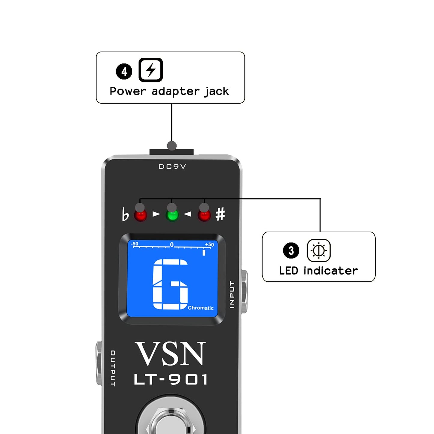 VSN Tuner Pedal,Guitar Chromatic Tuner Pedal for High Precision ± 1 Cent with Pitch Indicator for Electric Guitar and Bass True Bypass LT-901
