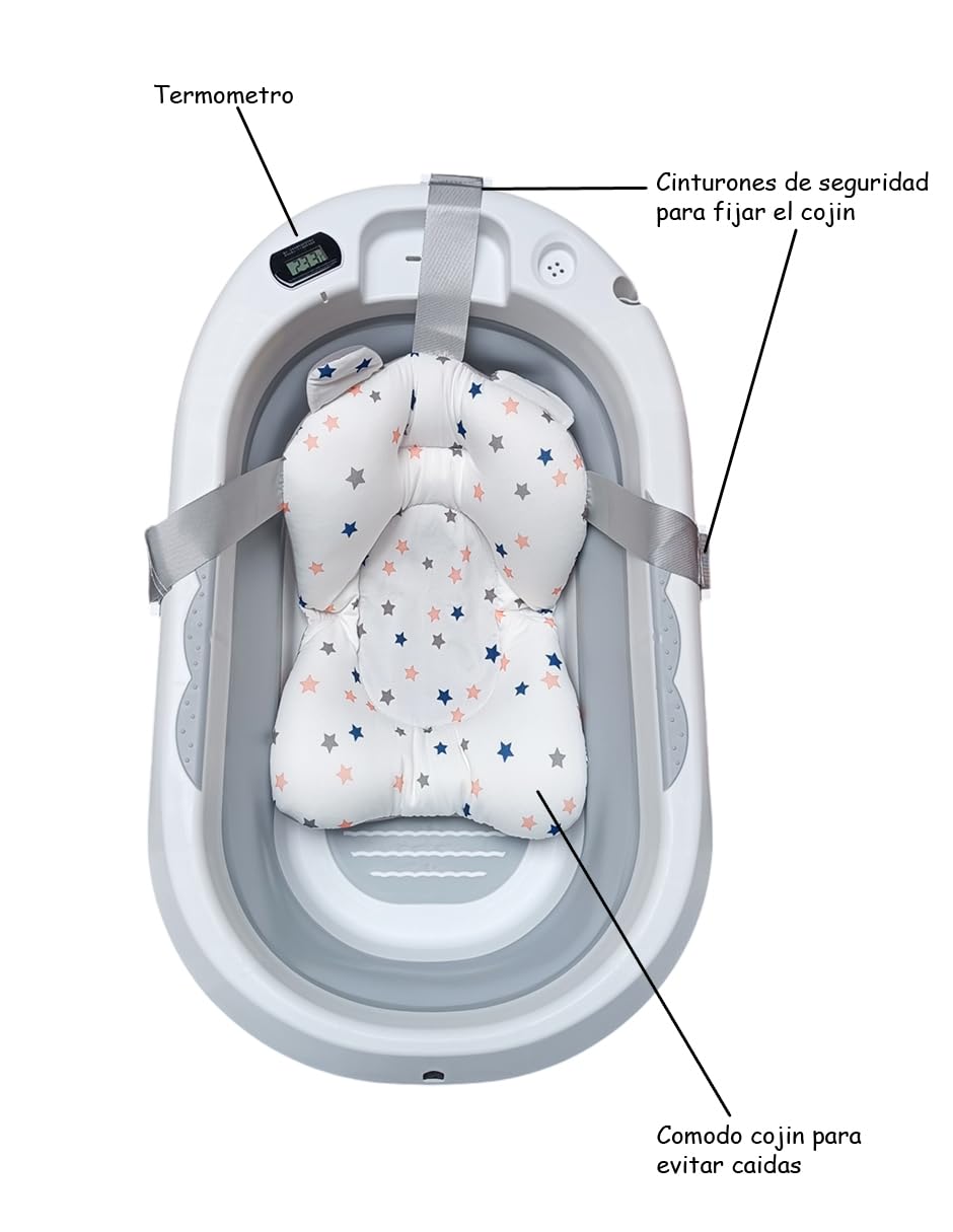 Dara Baby Tina de Baño para Bebé | Bañera Plegable y Portátil con Cojín | Cómoda y Segura | Baño Infantil | Bañera para recién nacidos. (Gris)
