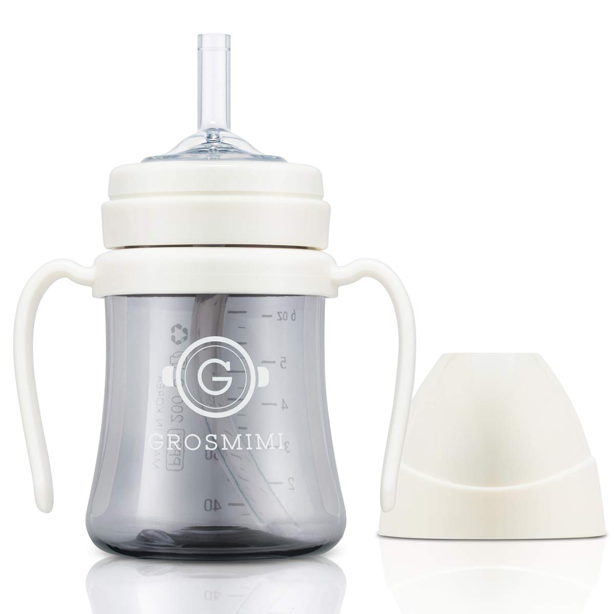 GROSMIMI - Taza mágica sin derrames a prueba de derrames con pajita con asa para bebés y niños pequeños, personalizable, sin BPA, 6 onzas (blanco)