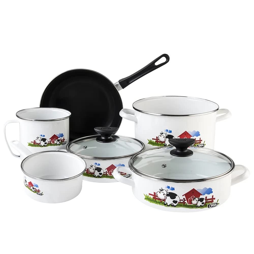 Cinsa Bateria de cocina Terranova Vaquitas en el corral, 9 piezas, Acero Vitrificado Novacero, Blanco con decorado de vacas
