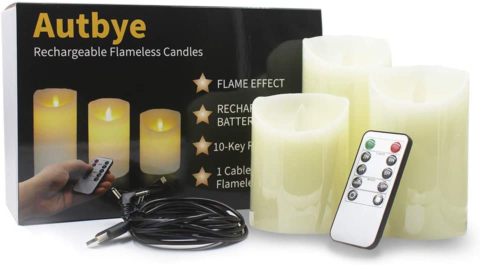 Autbye - Velas Recargables Sin Llama, Velas LED Parpadeantes con Brillo Ajustable y Control Remoto de Temporización, Luces de Té, Paquete de 3 Unidades de 10Centímetros x 13Centímetros x 15Centímetros