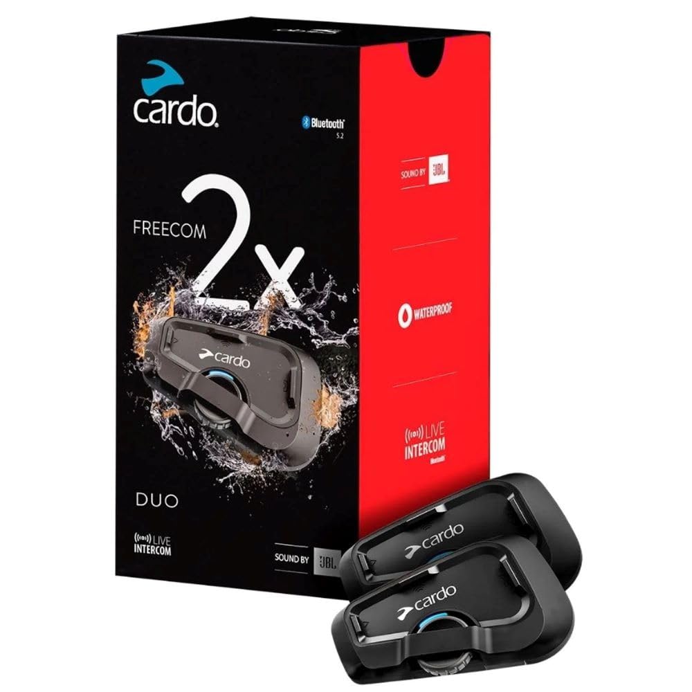 Cardo Systems FREECOM - 2 Cascos de Motocicleta con Sistema de comunicación Bluetooth de 2 vías, conectividad Bluetooth Universal, Impermeable, Altavoces de 40 mm, Paquete Doble