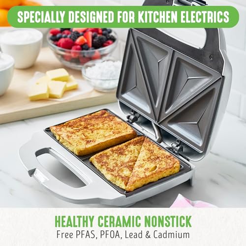GreenLife Pro Electric Panini - Parrilla y sandwichera, placas antiadherentes de cerámica saludables, luz indicadora fácil, sin PFAS, gris