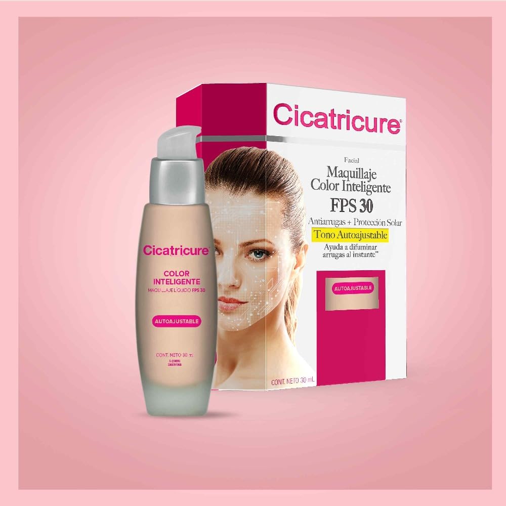 CICATRICURE - Maquillaje líquido color inteligente FPS 30. Efecto anti-arrugas y protección solar, tono auto-ajustable con pigmentos que se adaptan al color de la piel, presentación de 30ml
