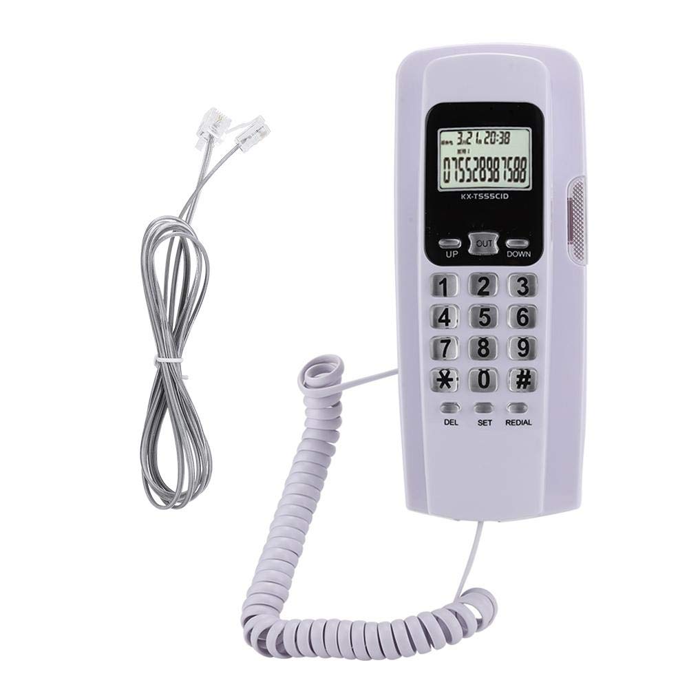 Ymiko T555 Mini teléfono montado en la Pared Identificador de Llamadas Teléfono con Pantalla LCD Luz de Fondo para la Oficina del Hotel(Blanco)