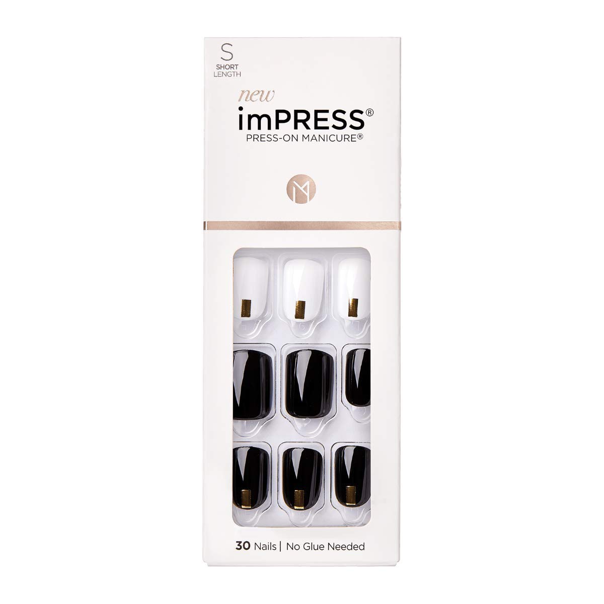 imPRESS Design - Uñas a presión, unidad de medianoche, blanco y negro, corto, tamaño, esclavo, forma, incluye 30 uñas, almohadilla de preparación, hoja de instrucciones, 1 barra de manicura, 1 mini