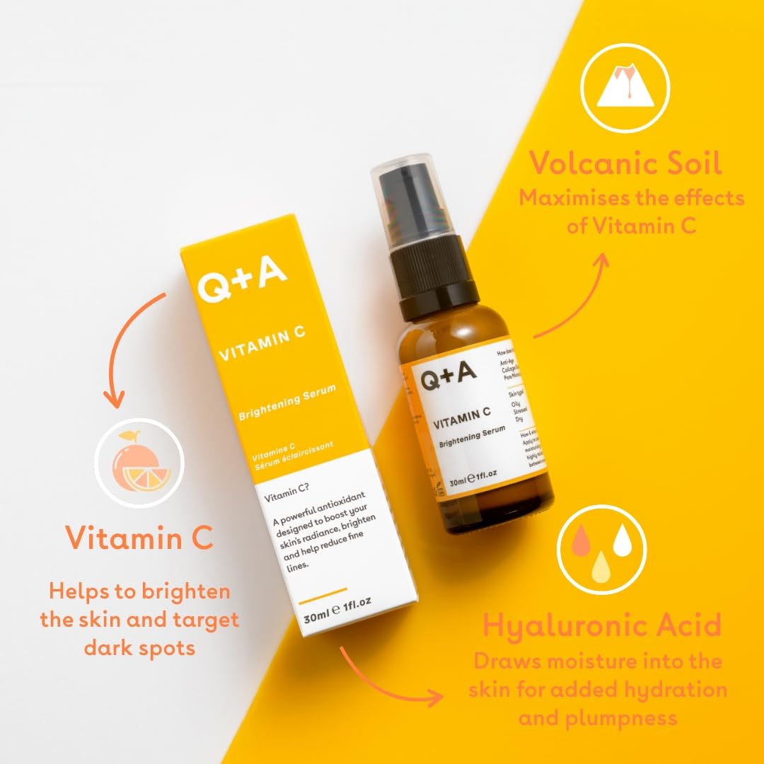 Q+A Sérum Iluminador de Vitamina C, Ilumina y Refresca tu Piel con este Sérum Facial Hibrido Rico en Antioxidantes e Hidratante, 30ml