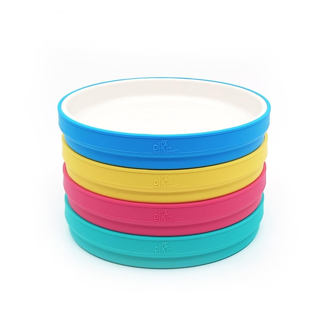 Elk and Friends Kids - Platos blancos de porcelana de 7.8 pulgadas con mangas de silicona, adecuados para bebés/niños pequeños, aptos para microondas y lavaplatos, vajilla antideslizante, platos de