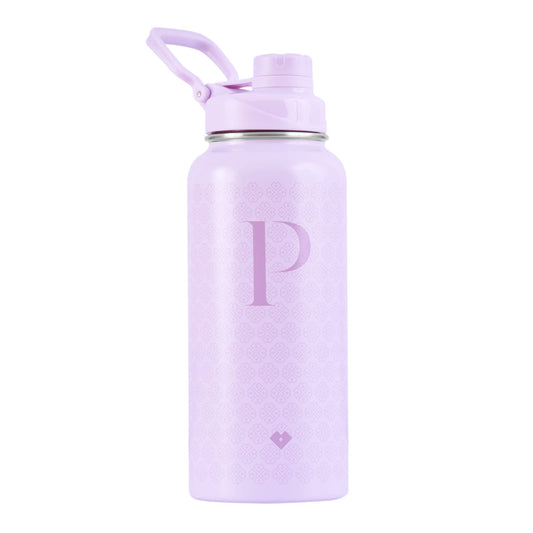 LuckyLy Termo de Acero Inoxidable con Iniciales 1 Litro, Doble Aislamiento Térmico y Tapa Hermética Antigoteo, Botella de Agua Motivacional ideal como Regalos para Mujer y Mamá – Modelo Terry, Letra P