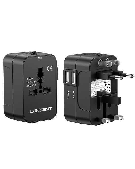 LENCENT Adaptador Universal de Viaje, Todo en Uno Adaptador Enchufe Internacional Tipo A/C/G/I, Convertidor de Enchufe con 2 Puertos USB para Más de 200 Países, Compatible con UE/UK/EEUU/AUS
