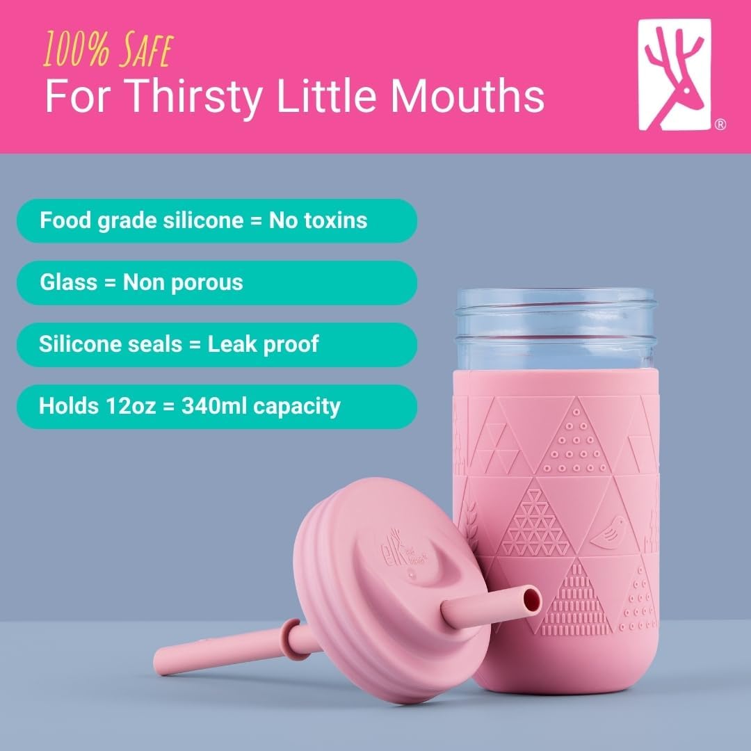 Elk and Friends - Vasos para beber para niños y niños pequeños, tarro de vidrio original de 12 onzas con mangas de silicona + pajitas, bebidas para batidos, a prueba de derrames