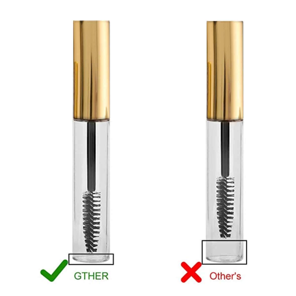 GTHER - Juego de 10 botellas vacías para máscara de pestañas (10 ml, incluye varita de pestañas, insertos y embudos de goma, para aceite de ricino/crecimiento de pestañas, envase de crema de pestañas con tapa, color dorado