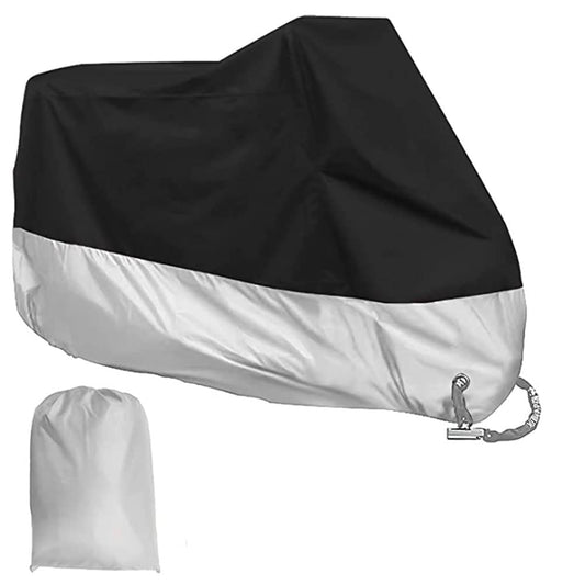 Herpet Funda para Motocicleta Cubierta de Moto Impermeable - Tejido de Poliéster Recubierto 190T, Impermeable A Prueba de UV Agua Lluvia Polvo Viento Nieve 230 x 95 x 125 CM (XL, Negro y Plata)