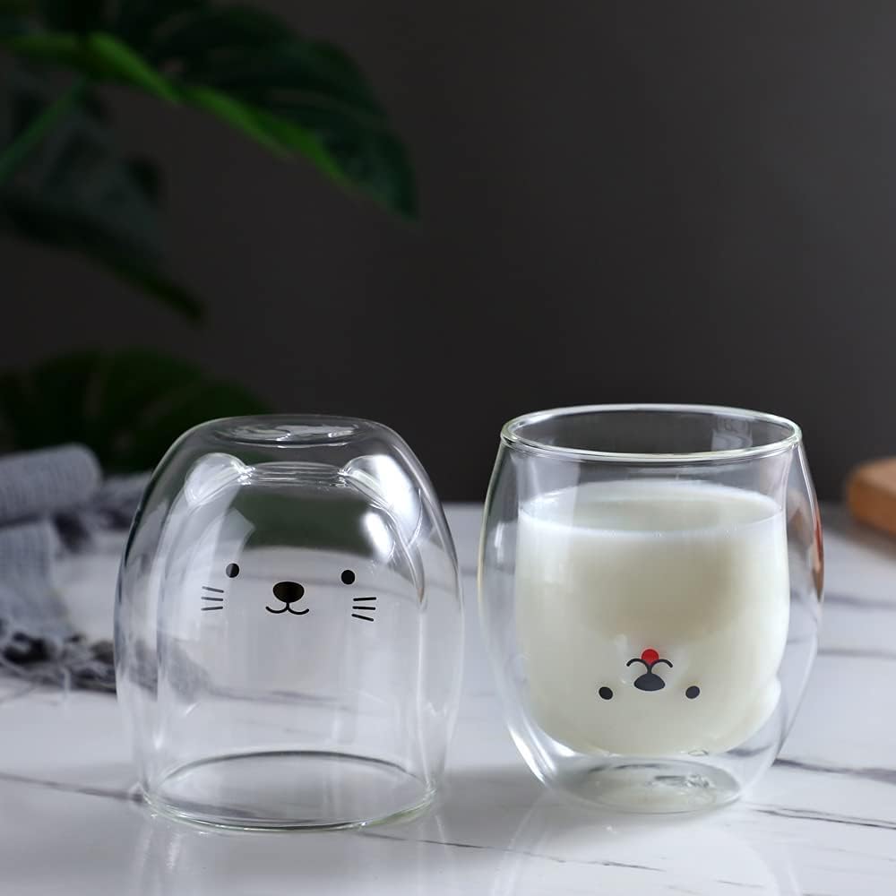 Binoster - Taza con aislamiento de doble pared de vidrio, taza de café, taza de té, taza de leche, regalo para oficina, cumpleaños, uso personal, de Navidad (perro feliz)