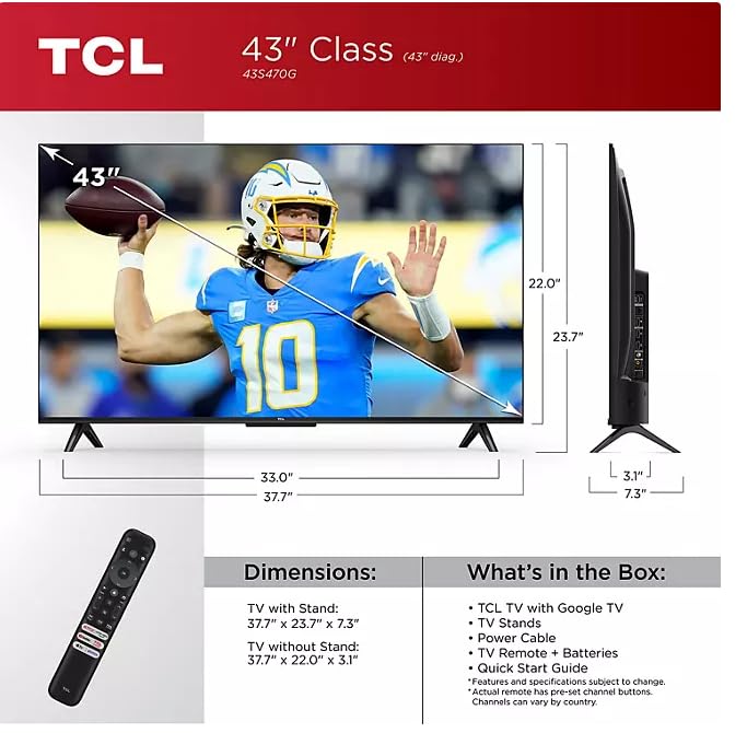 Televisor Smart TCL 43 Pulgadas 4K UHD HDR LED con Google TV y Chromecast Integrados Sin Base Reacondicionado