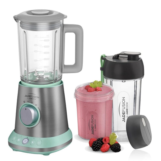JADECOOK Procesador de Alimentos JADE FUSION Licuadora 8 Piezas Vaso de Vidrio 1.8 Litros 1500 Watts Tritura Bate Mezcla Cuchillas de Acero Inoxidable 2 Vasos Libres de BPA Smoothies Batidos Frappe