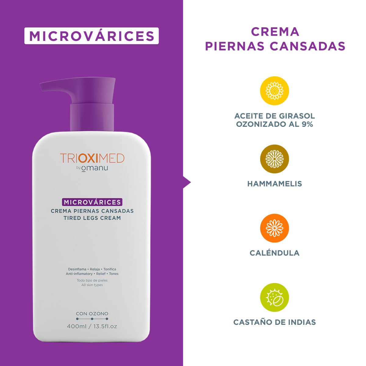 Trioximed Crema para Piernas Cansadas con Microvárices que Ayudará a Aliviar los Síntomas 400 Ml