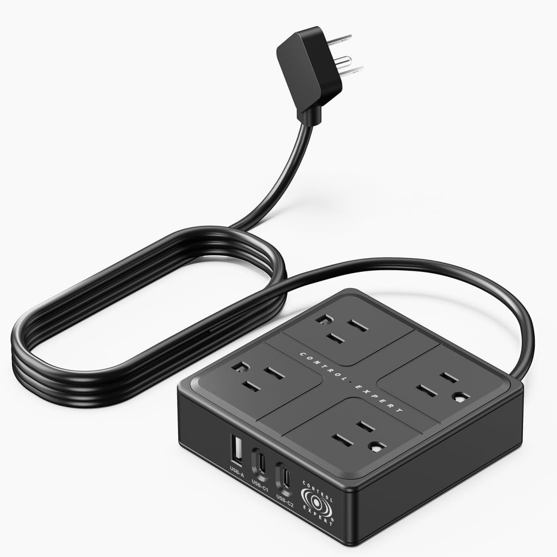 CONTROL EXPERT Multicontacto extensión USB, Conector Multiple con 4 Salidas, 1 Puerto USB, 2 Tipo C, Conector Multiple Adaptador, Extension Electrica con Protector de Sobretensión (Negro)