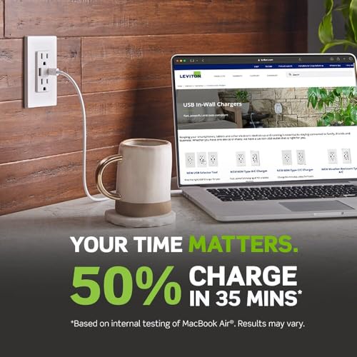 Leviton T5634-W 60W (20V a 2.5A+ 5V a 2A) Cargador USB de Doble Tipo A/Tipo-C para Entrega de energía en la Pared con Toma de 15A Resistente a manipulaciones, Cargador USB para Smartphones, tabletas,