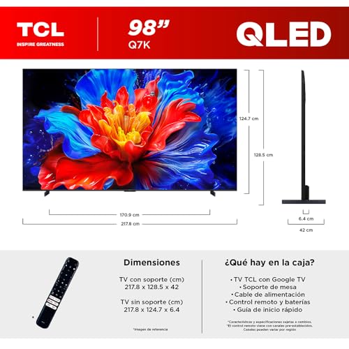 Smart TV TCL 98" QLED 4K con Google TV en Negro, Control de Voz Hands Free y Dolby Atmos