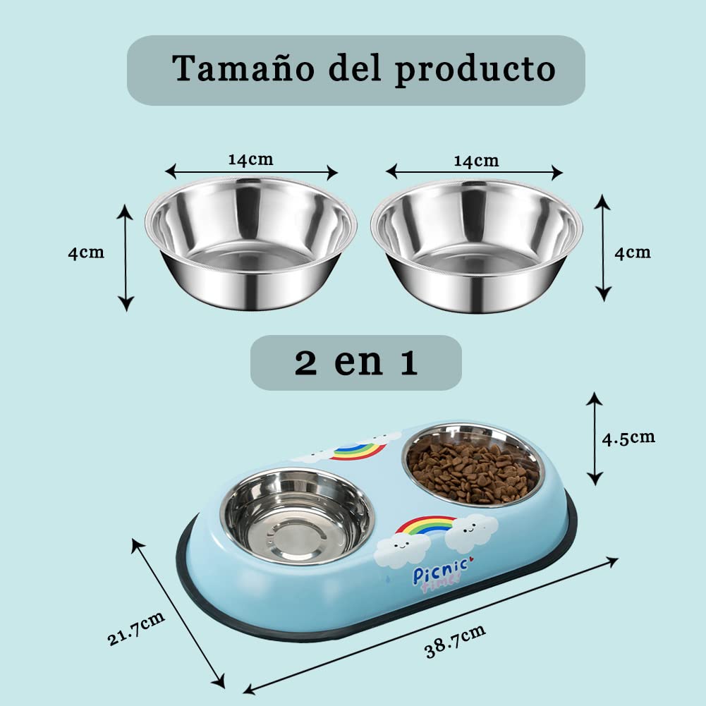 Platos REKOBON Azul de Acero Inoxidable Antideslizantes con Dibujos Animados para Mascotas Pequeñas y Medianas