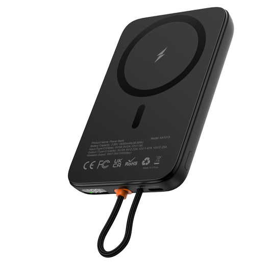Power Bank AsperX 10000mAh Negro Magnético con Carga Rápida y Tipo C Incorporado