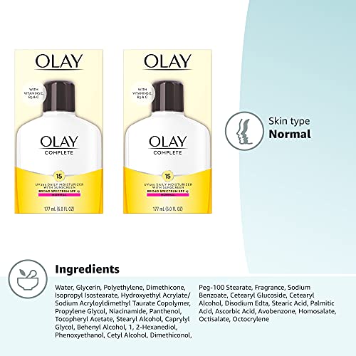 Olay Complete Lotion All Day Moisturizer with SPF 15 for Normal Skin, 6.0 fl oz, Pack of 2